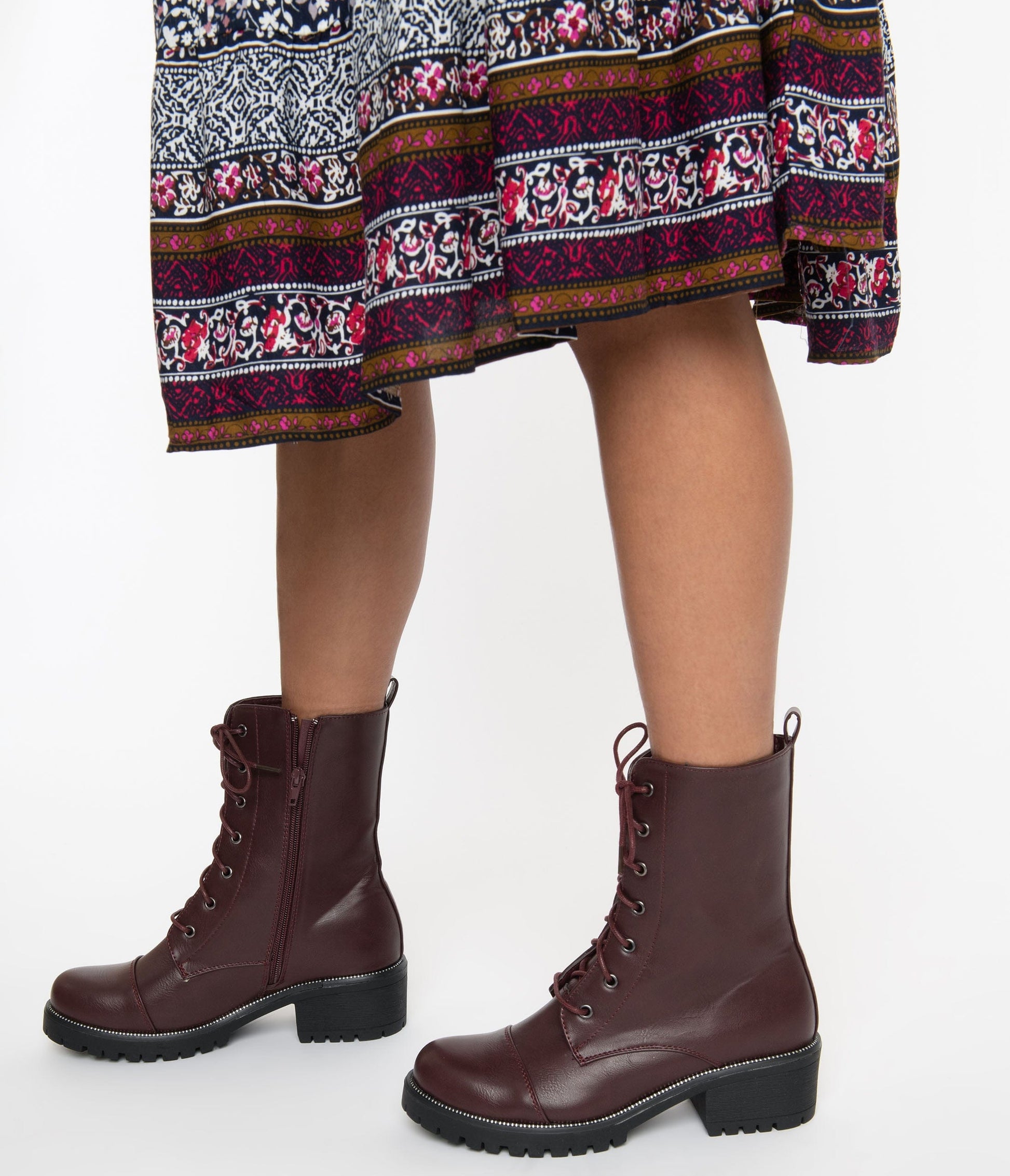 Wine Leatherette Lace Up Combat Boots - Unique Vintage - Womens, SHOES, BOOTS