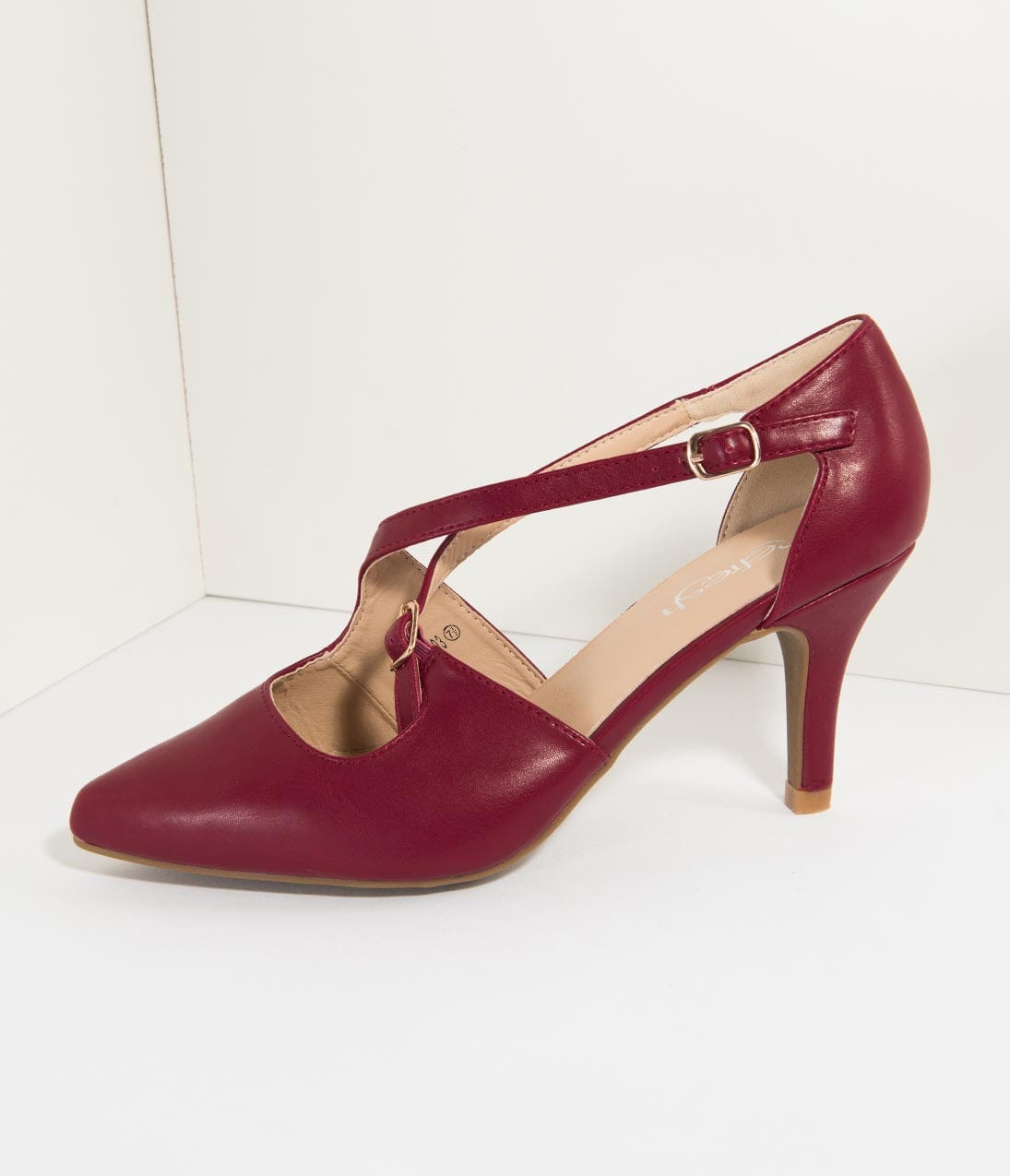 Wine Red Leatherette Cross Strap Pointed Toe Pumps - Unique Vintage - Womens, SHOES, HEELS