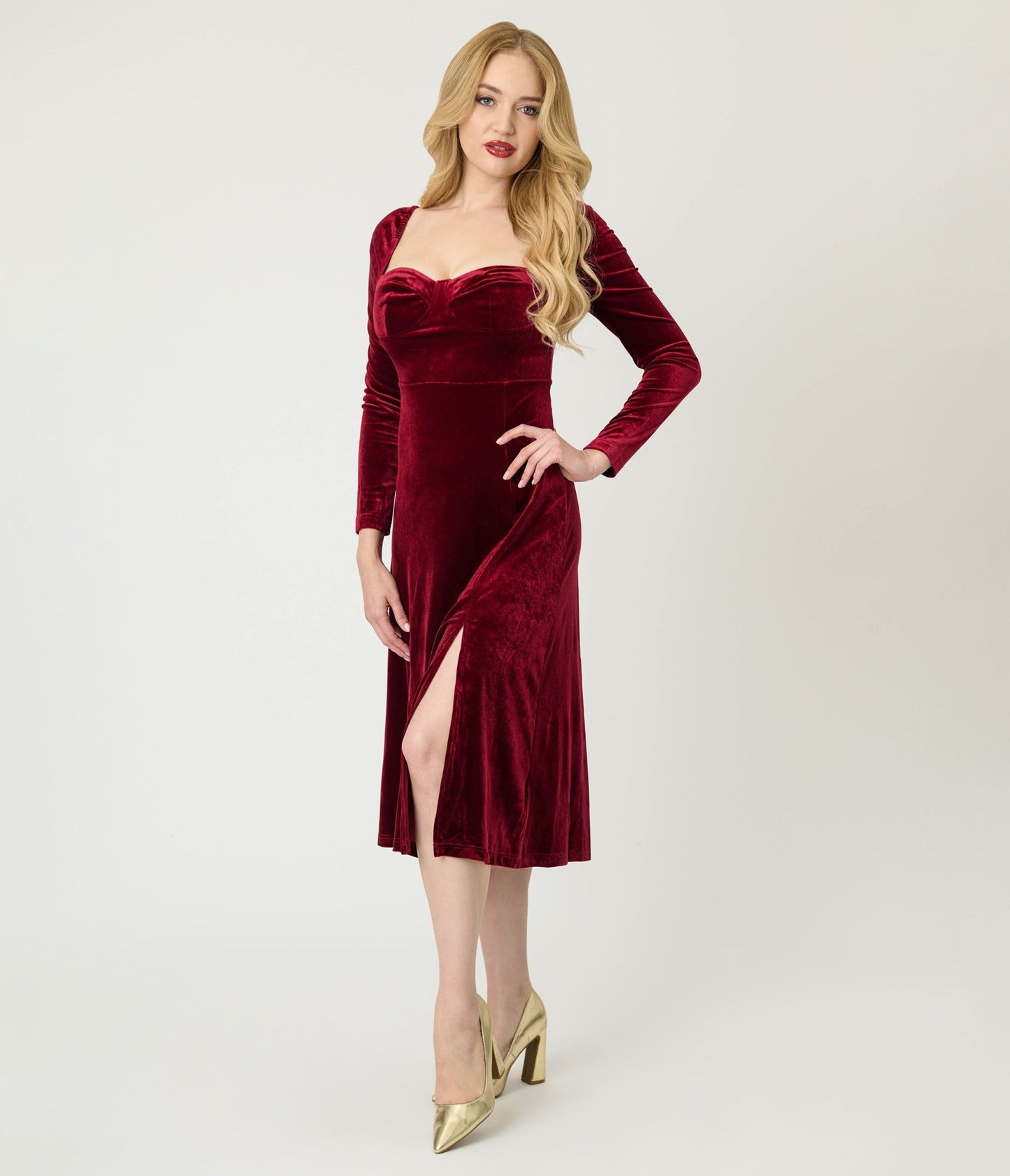 Wine Velvet Sweetheart Midi Dress - Unique Vintage - Womens, DRESSES, MIDI