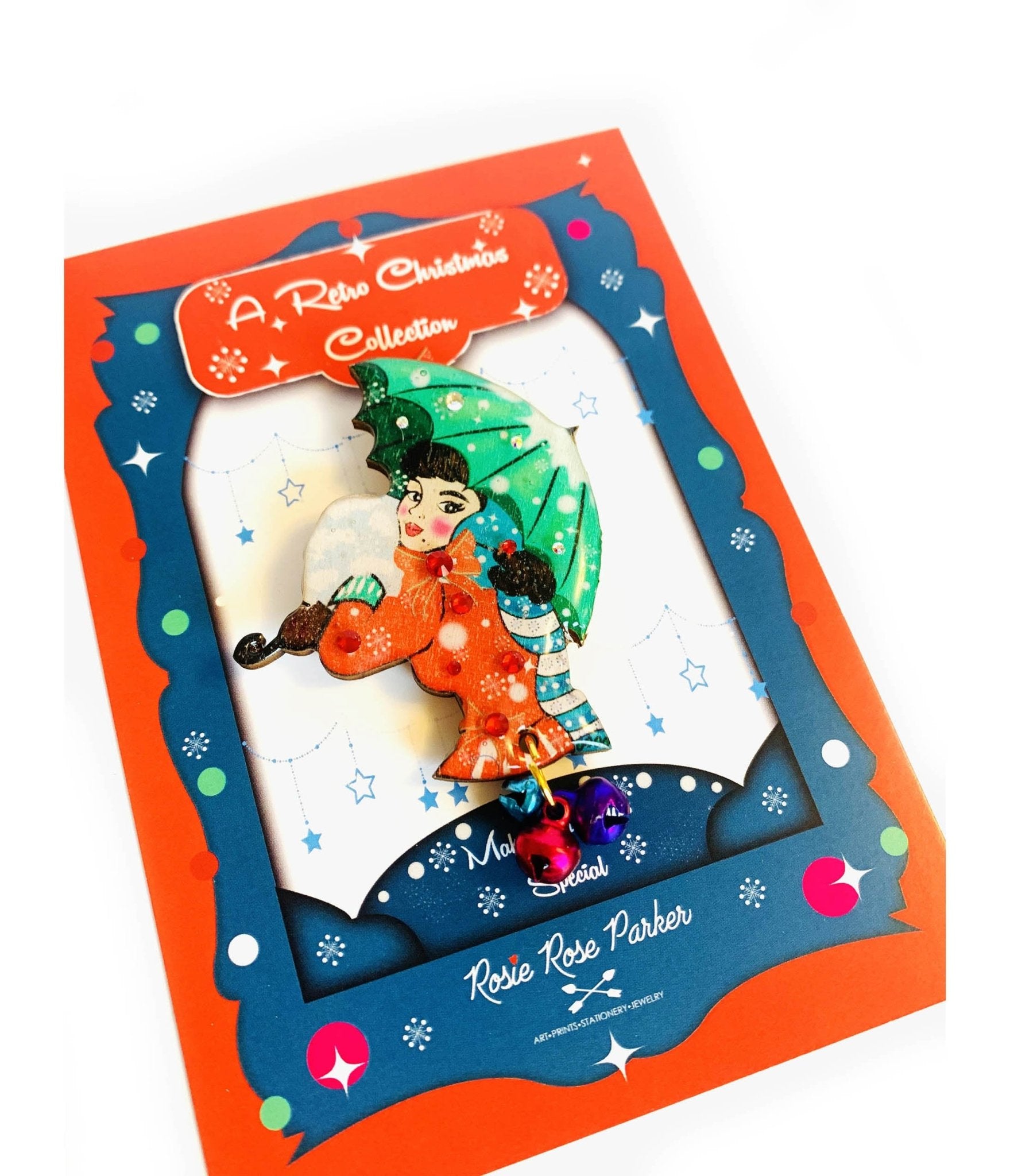 Winter Umbrella Christmas Brooch - Unique Vintage - Womens, ACCESSORIES, JEWELRY