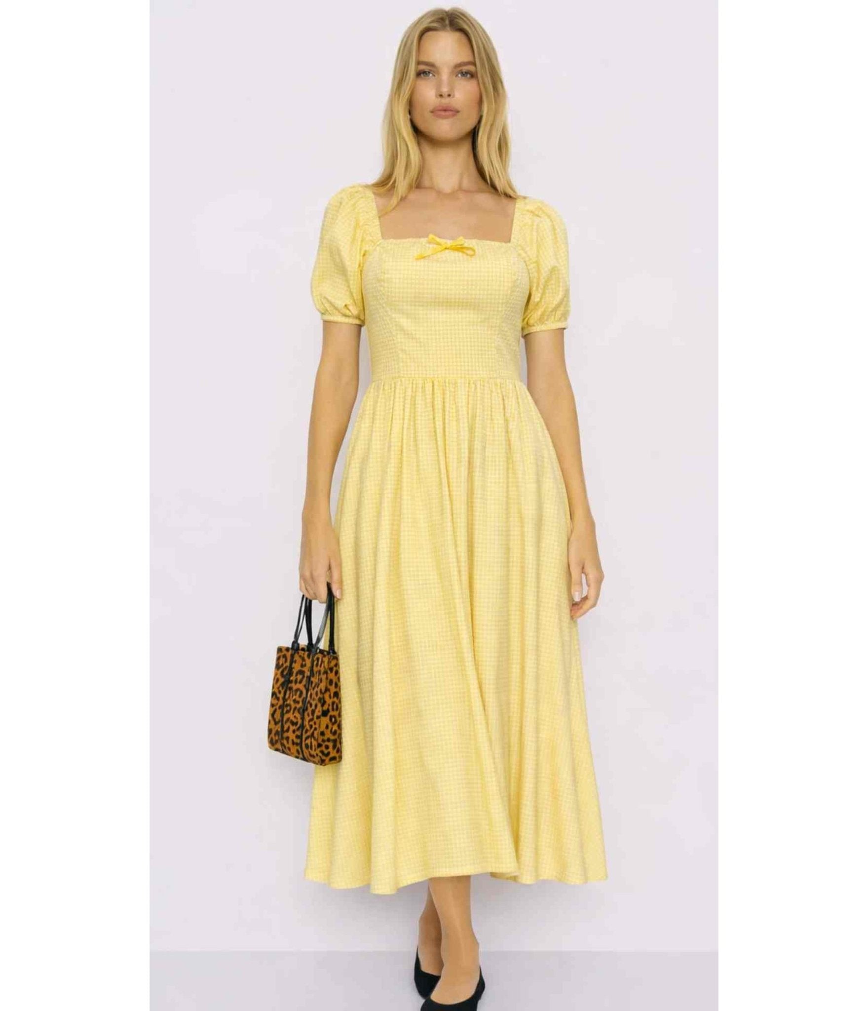 Yellow Gingham Puff Sleeve Midi Dress - XS