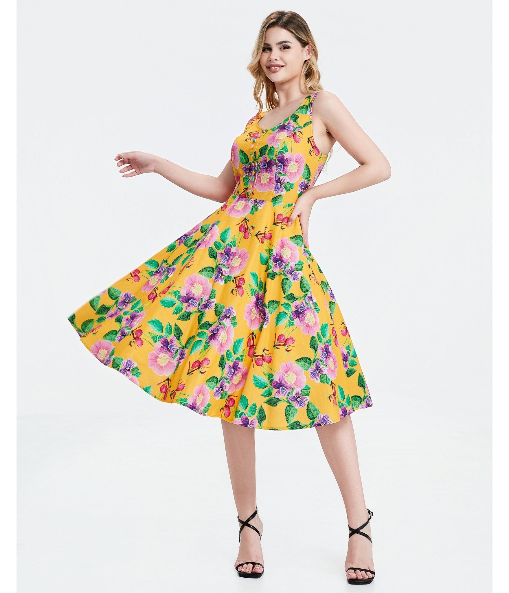 Yellow Hibiscus Floral Print Heidi Dress - XLarge