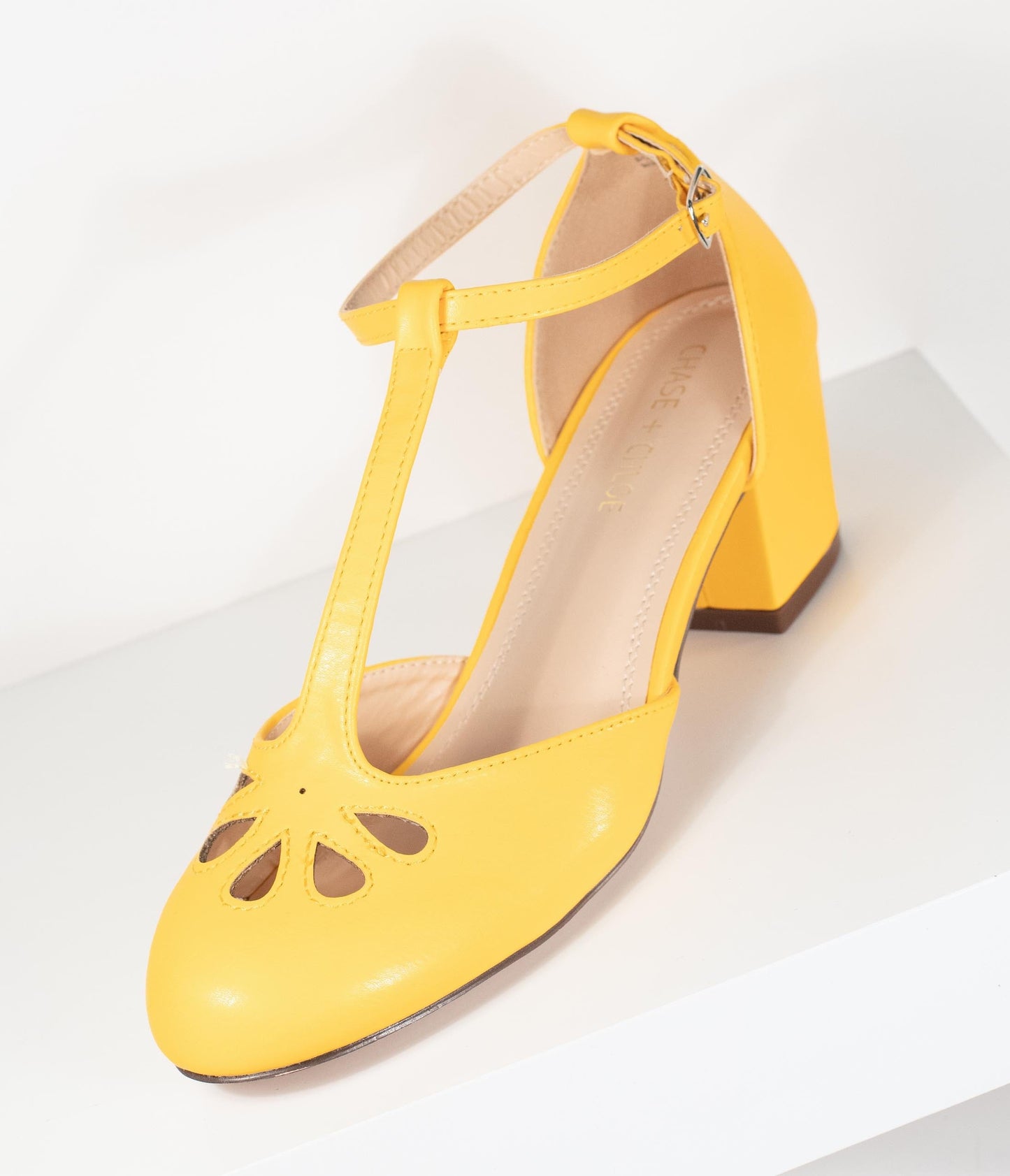 Yellow Leatherette Minny T-Strap Heels - Unique Vintage - Womens, SHOES, HEELS