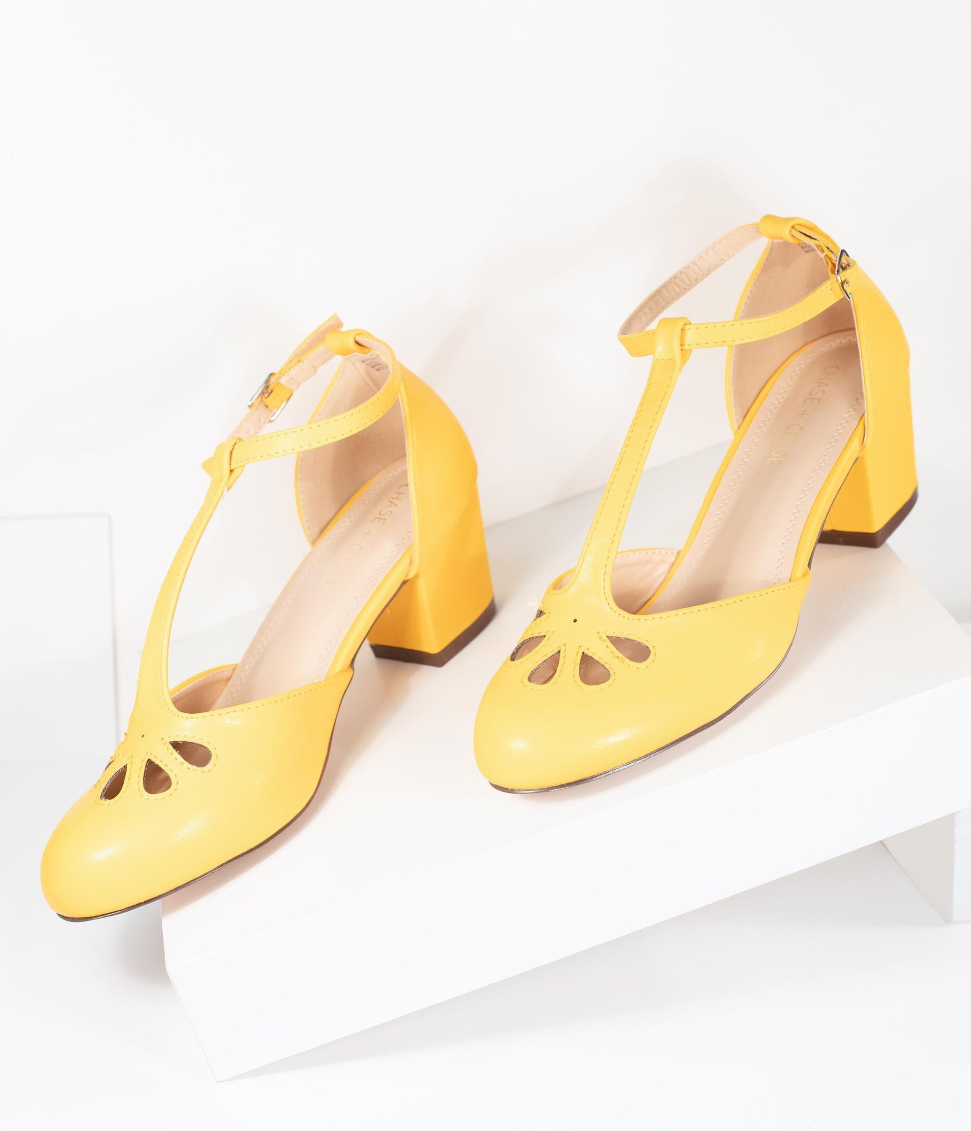 Yellow Leatherette Minny T-Strap Heels - Unique Vintage - Womens, SHOES, HEELS