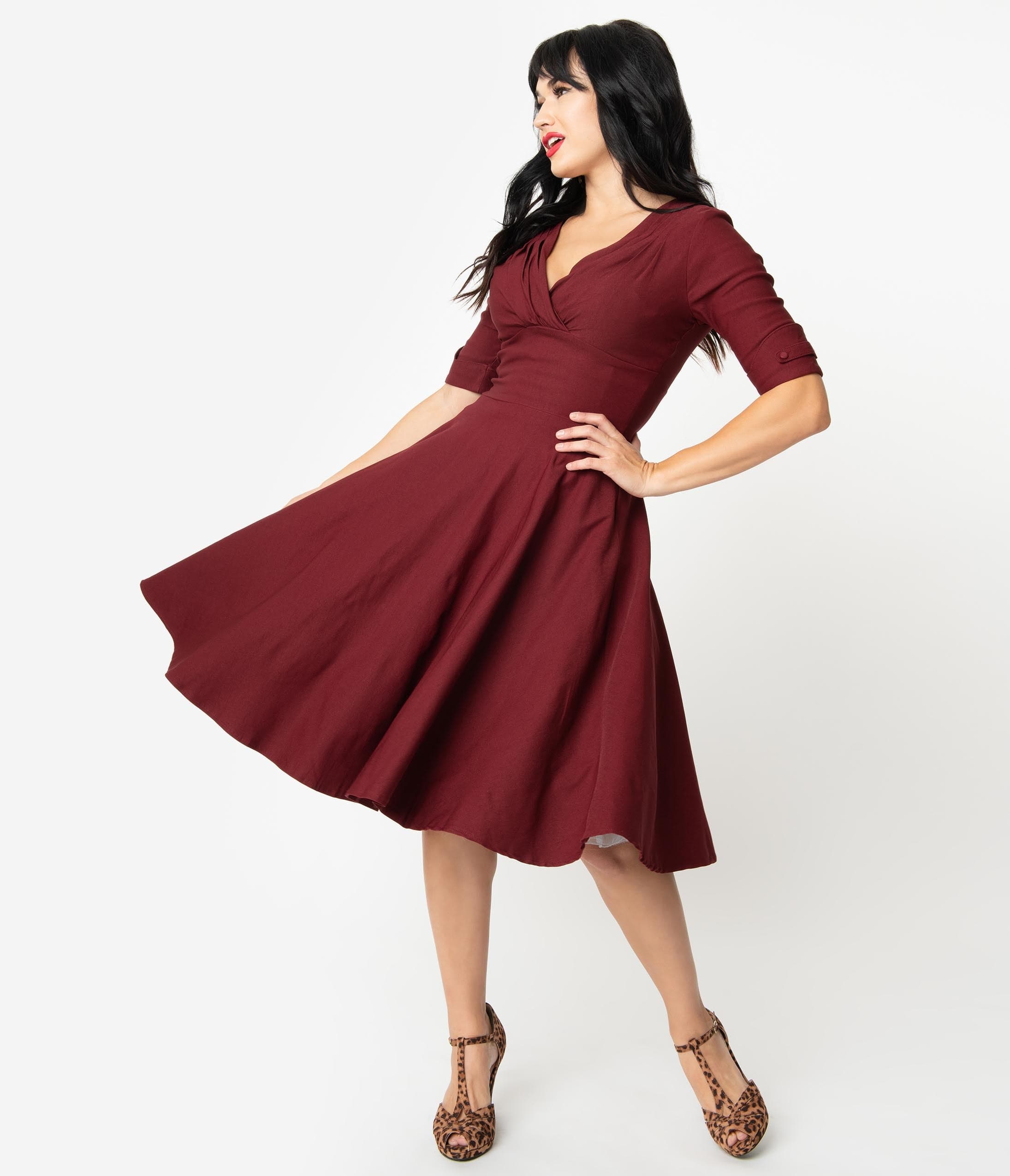 Unique Vintage 1950s Burgundy Delores Swing Dress with Sleeves