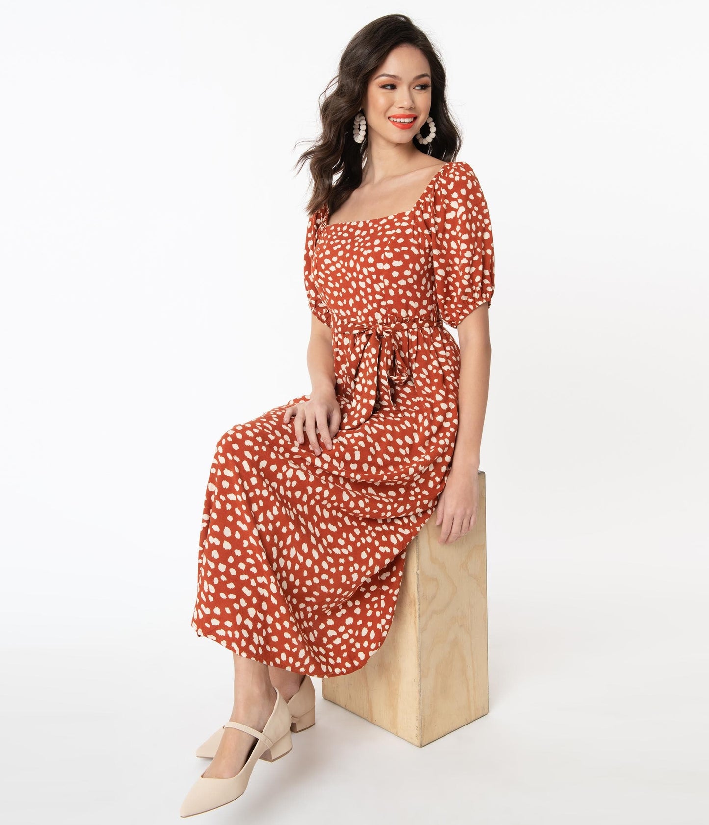 1970s Rust & Cream Animal Print Midi Dress