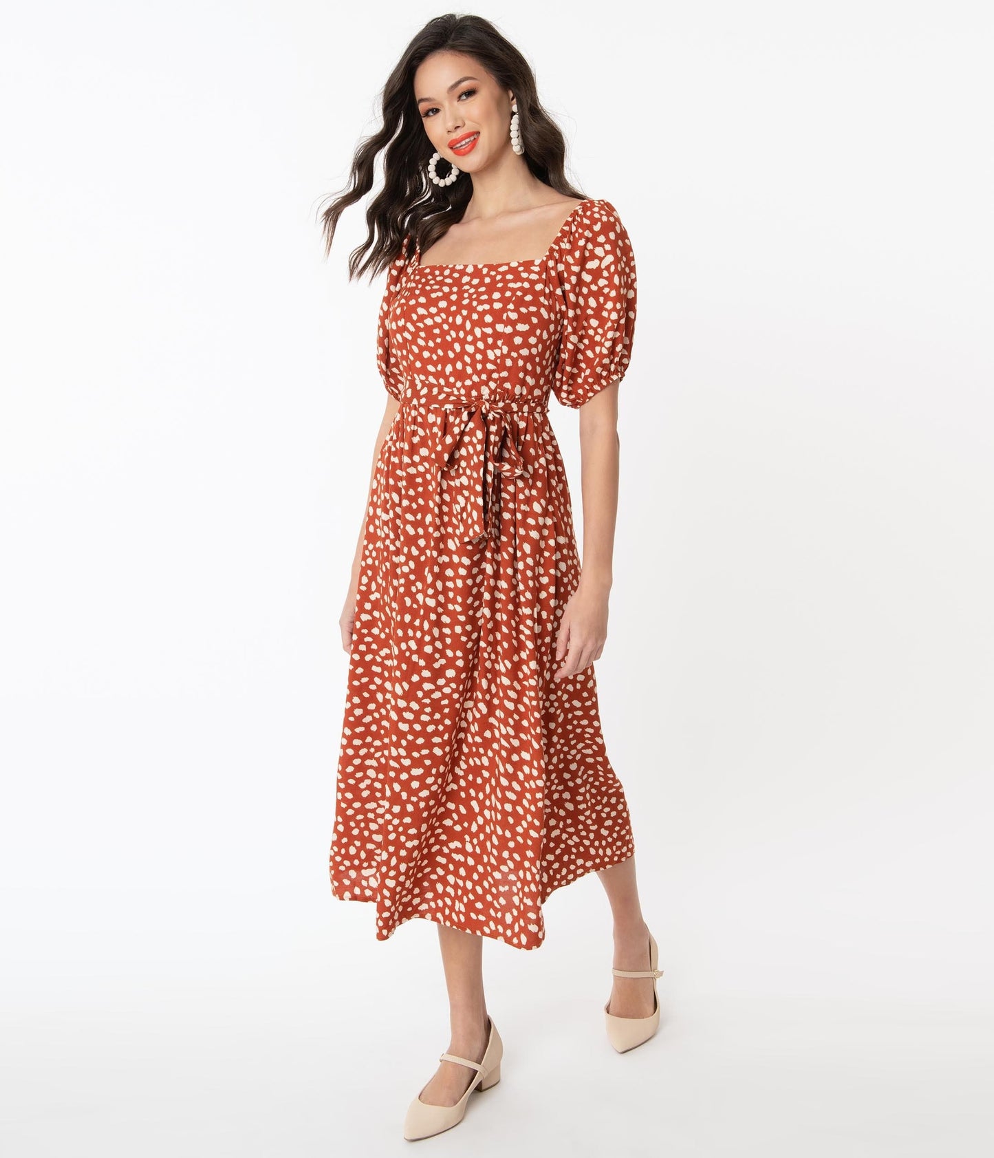 1970s Rust & Cream Animal Print Midi Dress