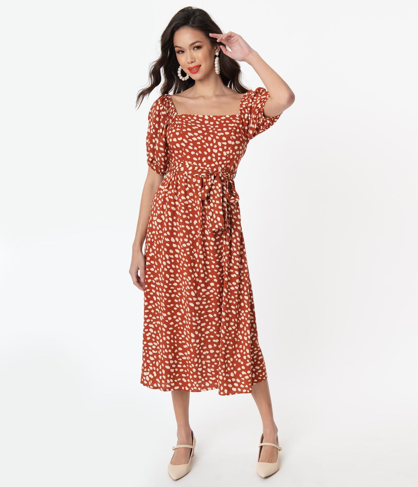 1970s Rust & Cream Animal Print Midi Dress