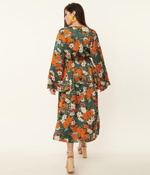 Unique Vintage Dark Green & Orange Floral Long Sleeved Kimono