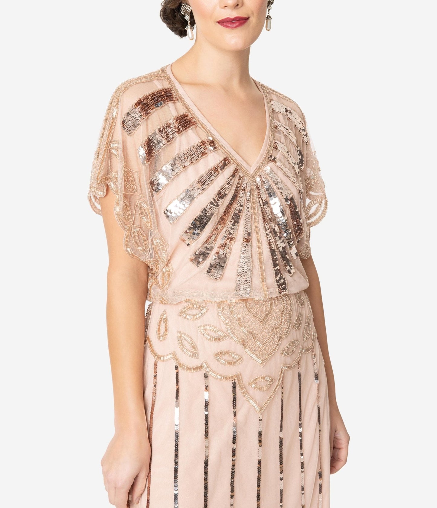 1920s Blush Pink Deco Angelina Maxi Flapper Dress - Unique Vintage - Womens, FLAPPER, SLEEVED BEADED