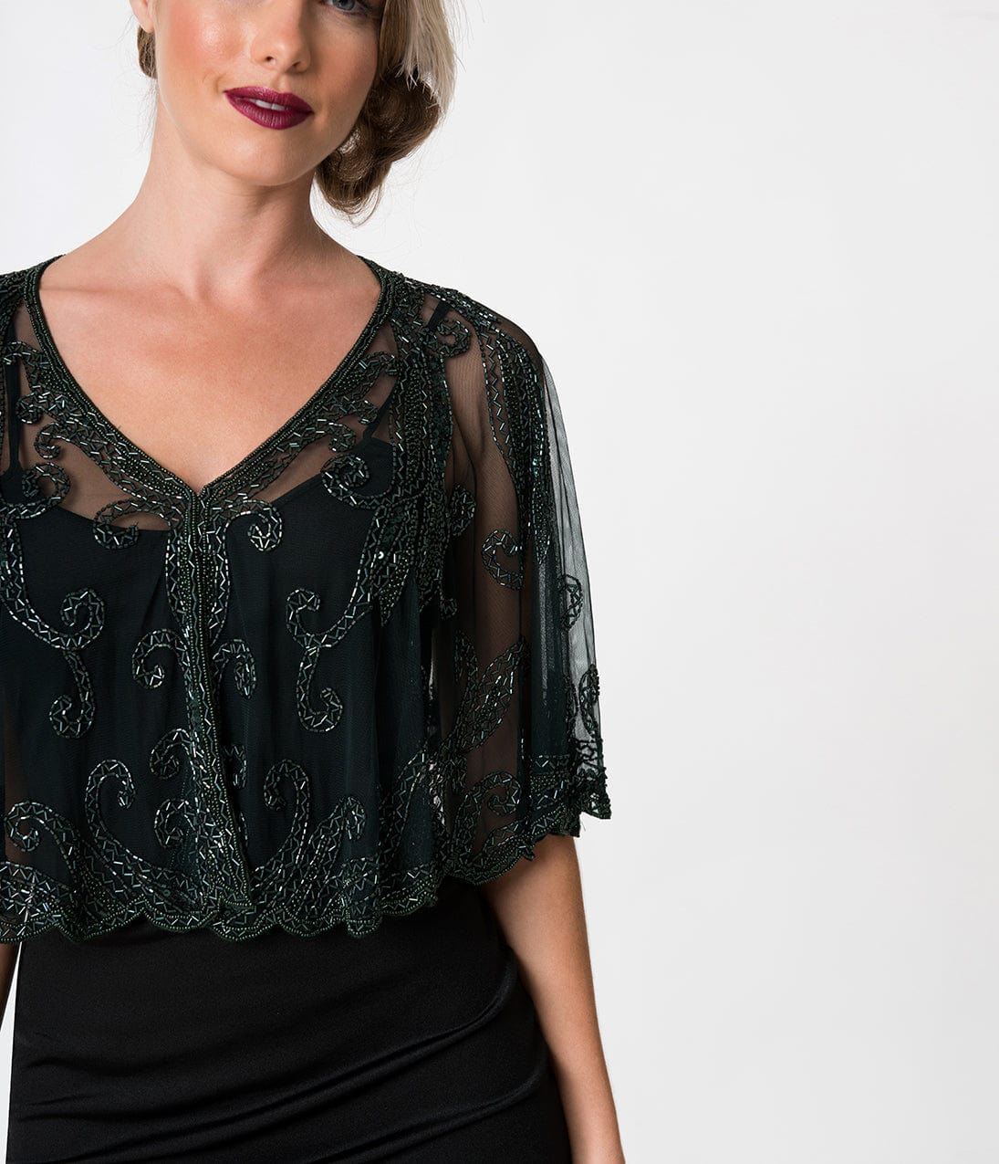 1920s Style Dark Green & Olive Beaded Sheer Mesh Capelet - Unique Vintage - Womens, ACCESSORIES, FLAPPER