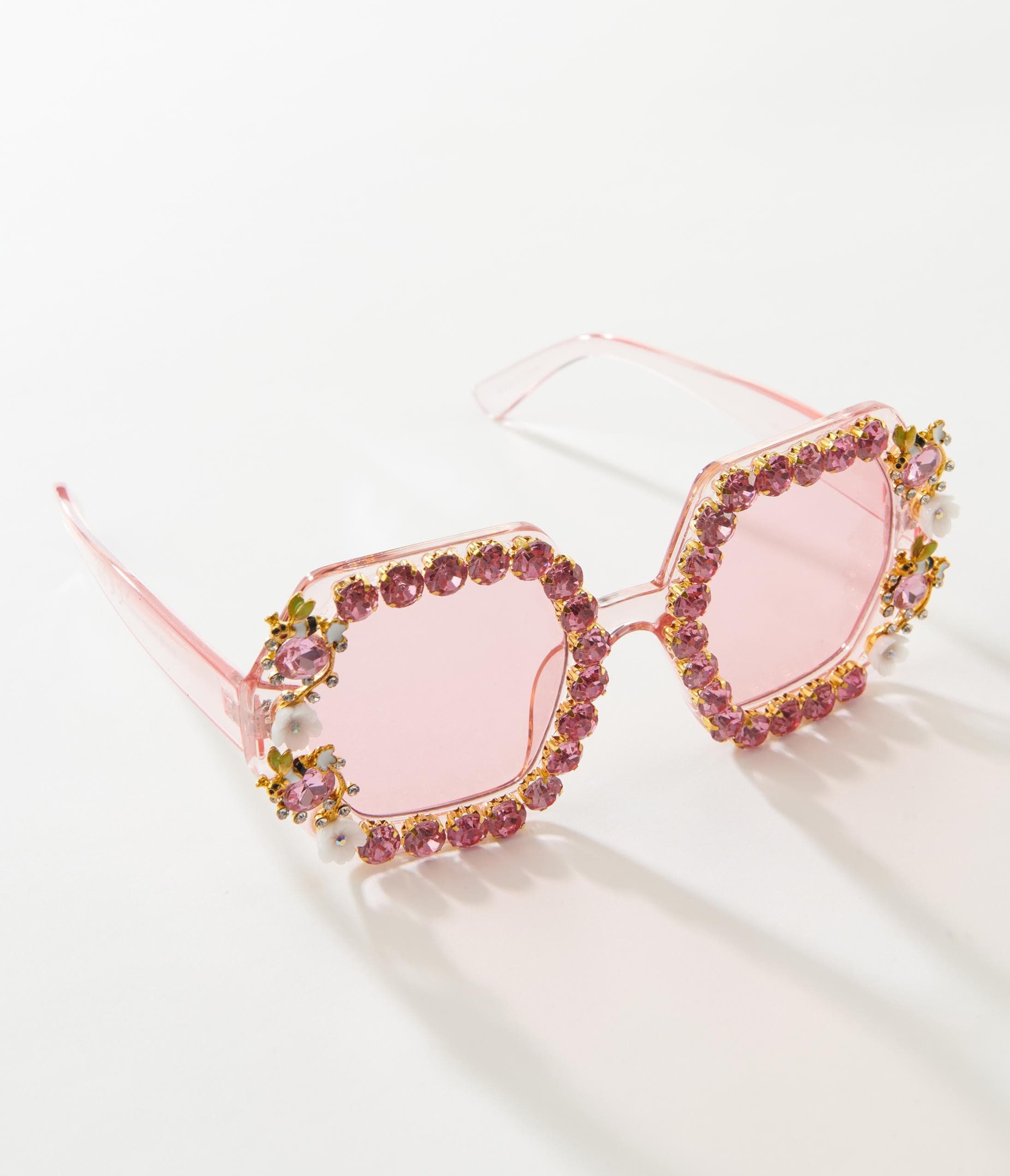 Pink Rhinestone & Floral Hexagon Sunglasses – Vintage