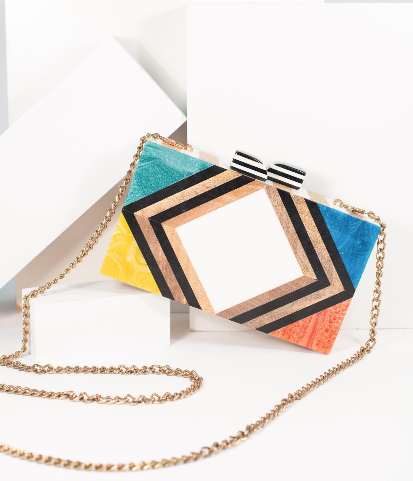 1960s Style Rainbow Chevron Wood & Resin Hard Clutch - Unique Vintage - Womens, ACCESSORIES, HANDBAGS