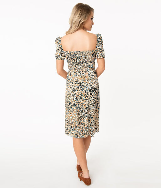 1970s Style Multicolor Leopard Print Athena Midi Shift Dress Unique Vintage