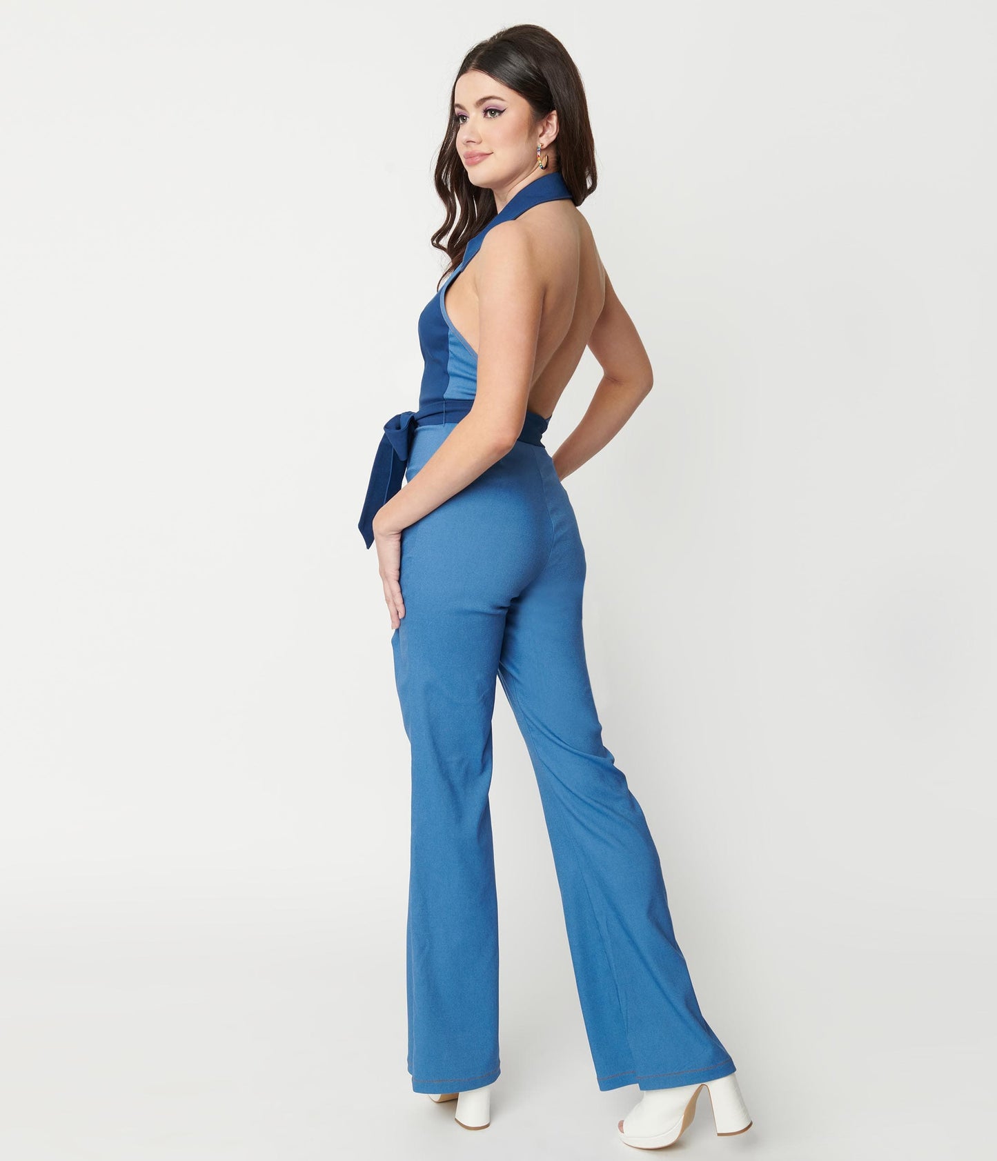 Smak Parlour Contrast Denim Front Zipper Halter Jumpsuit