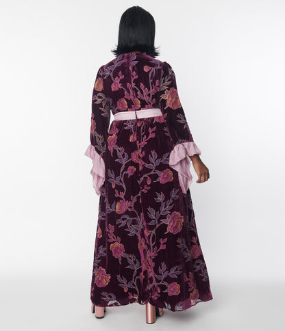 Unique Vintage Plus Size 1960s Purple Floral Burnout Velvet Maxi Dress
