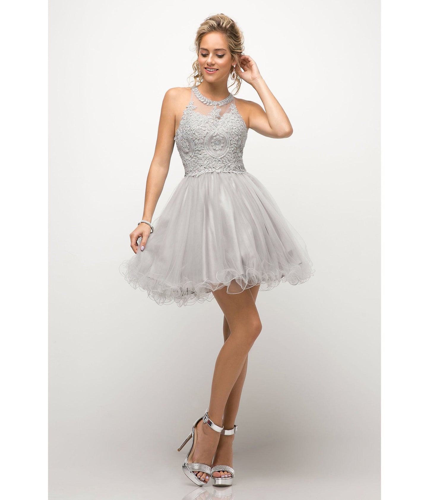 Silver Beaded Lace Ballerina Homecoming Dress