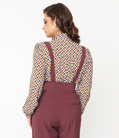Multicolor Check Long Sleeve Bow Blouse - Unique Vintage - Womens, TOPS, WOVEN TOPS