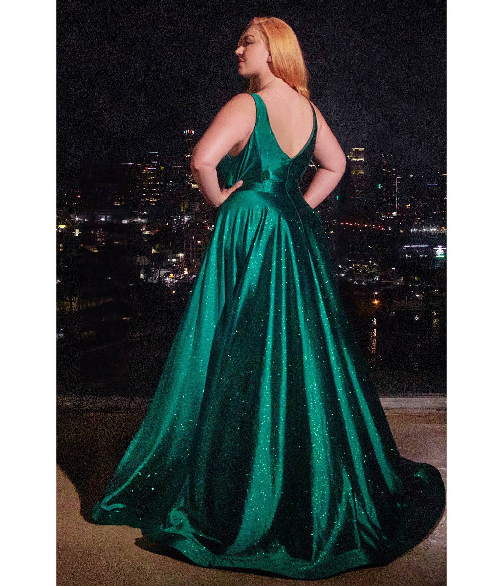 Cinderella Divine Plus Size Emerald Satin Prom Dress