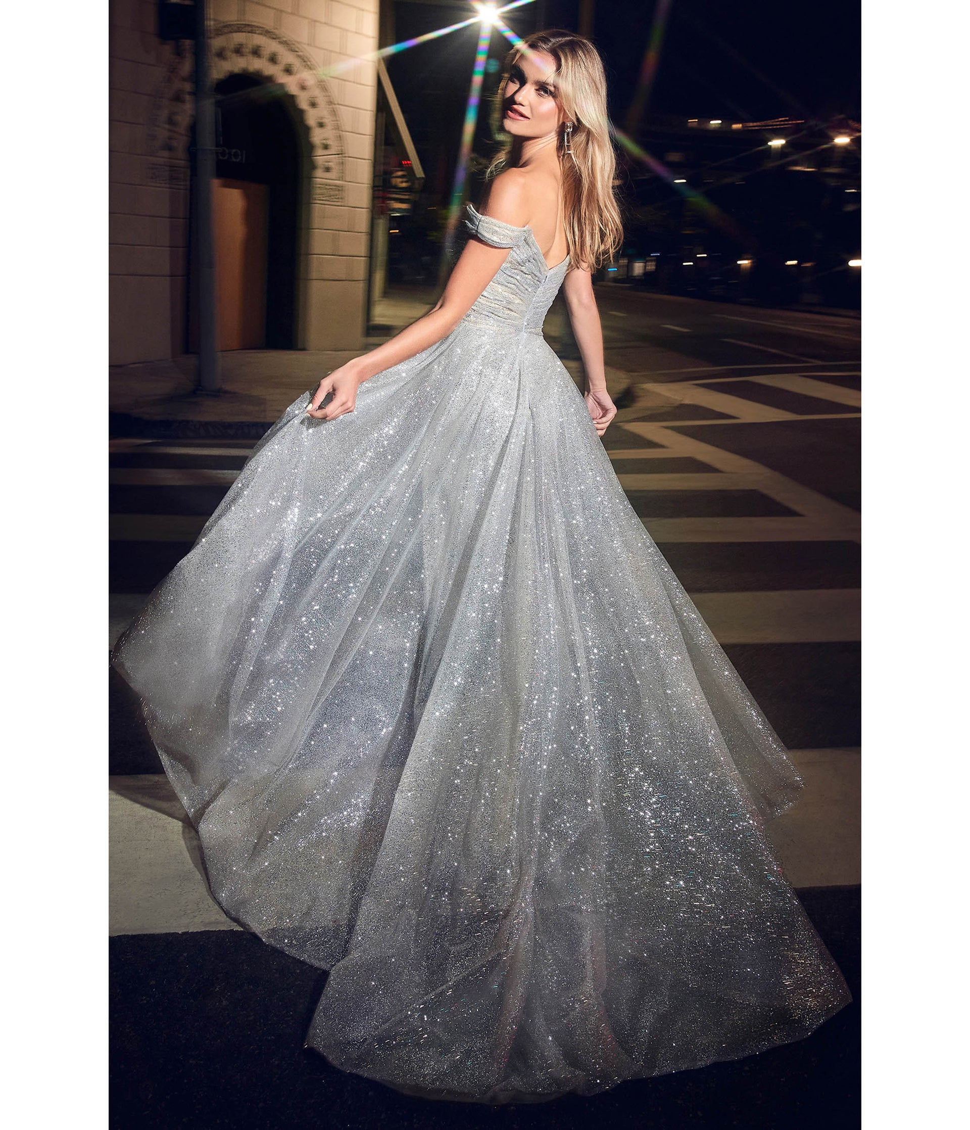 Cinderella Divine Silver Off Shoulder Glitter Prom Gown