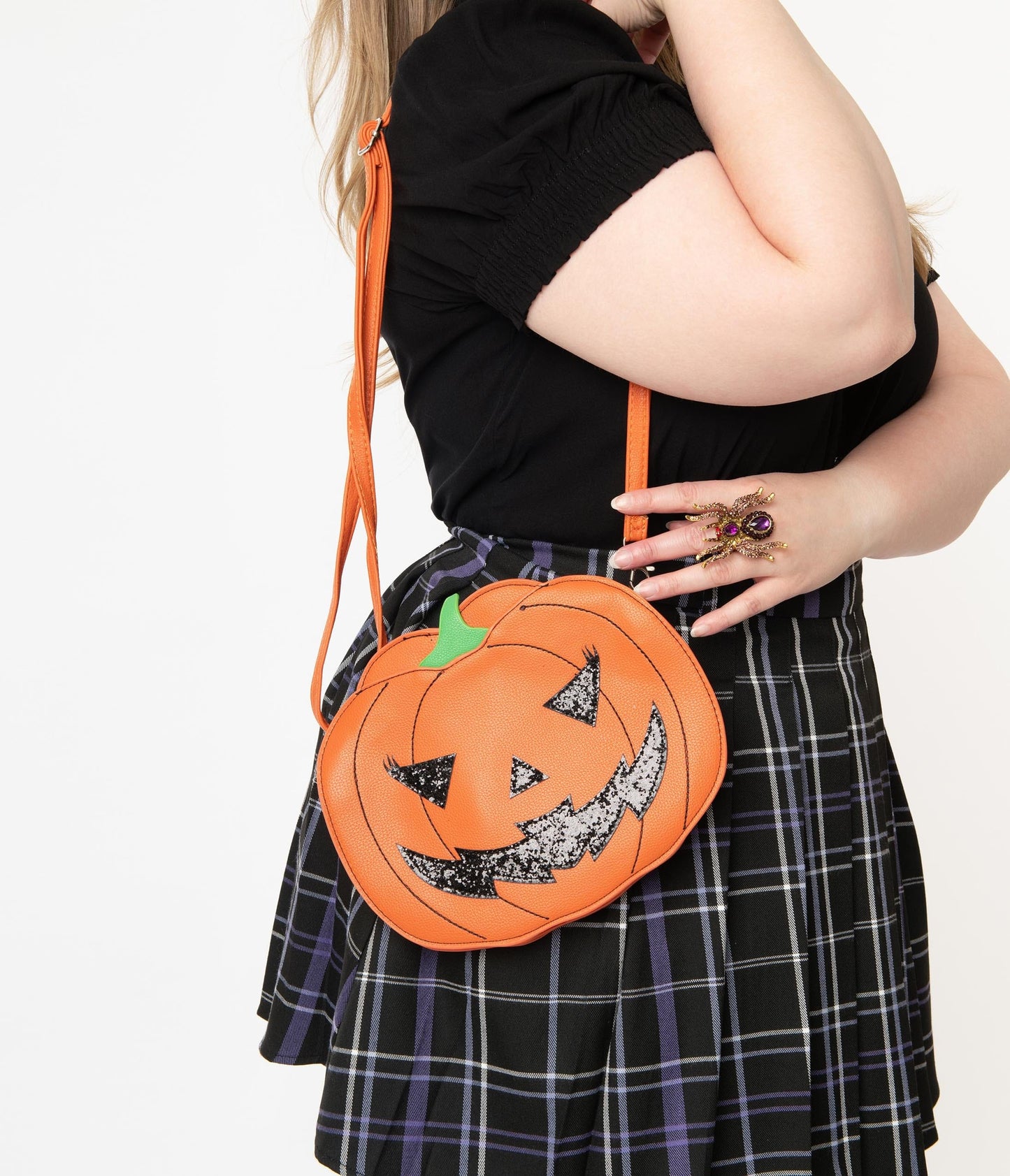 Orange Leatherette Pumpkin Jack O Lantern Crossbody Purse