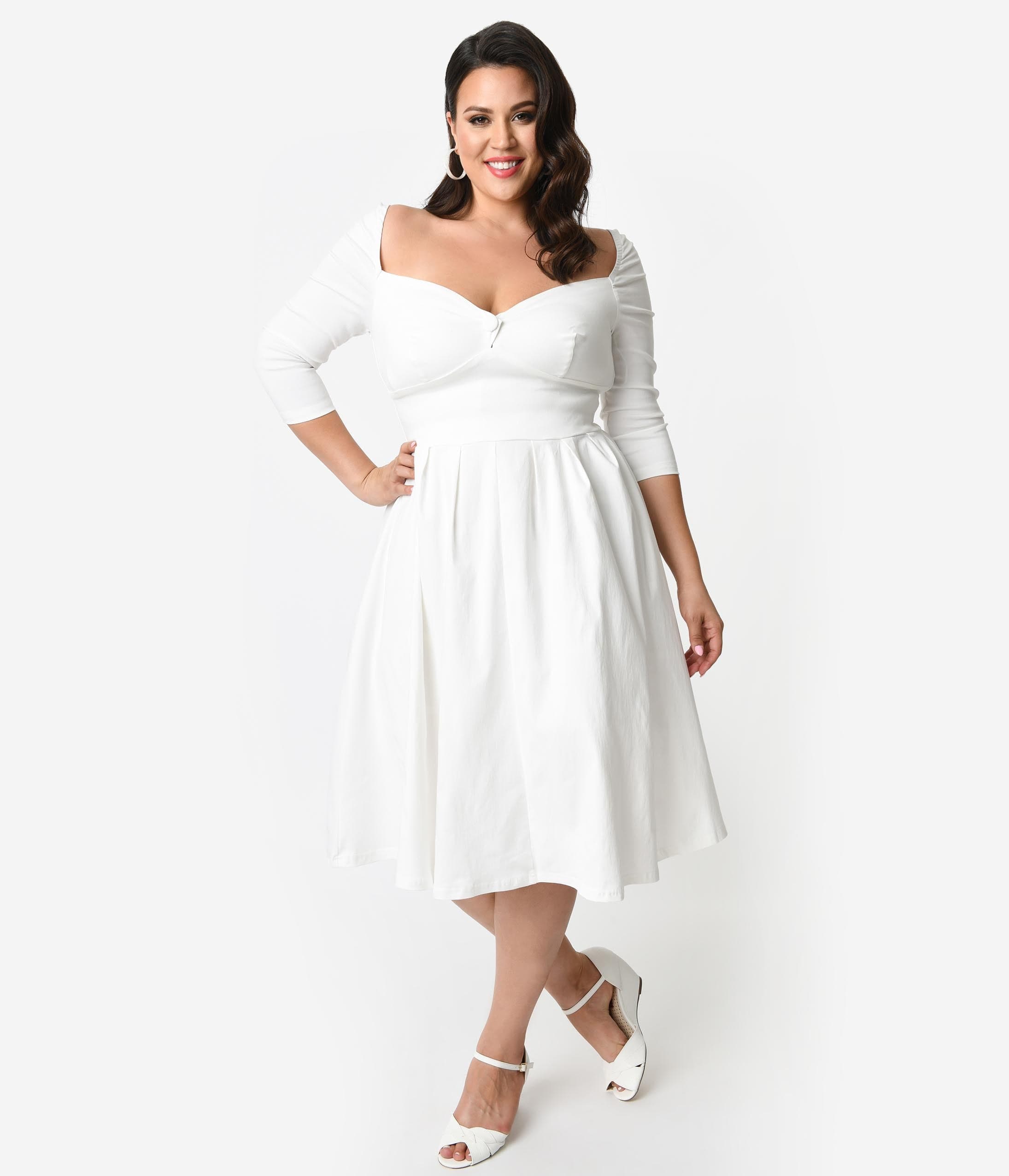 Unique Vintage Plus Size 1950s Style Ivory Bengaline Sweetheart Lamar Swing Dress