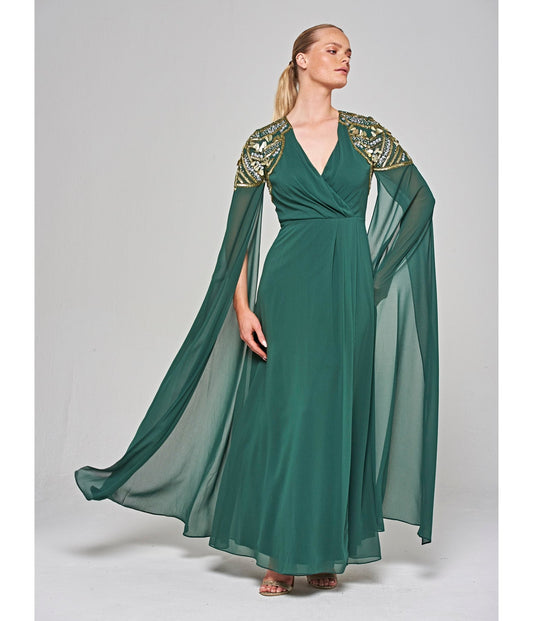 Alpine Green Embellished Cape Sleeve Renee Maxi Dress - Unique Vintage - Womens, DRESSES, PROM AND SPECIAL OCCASION