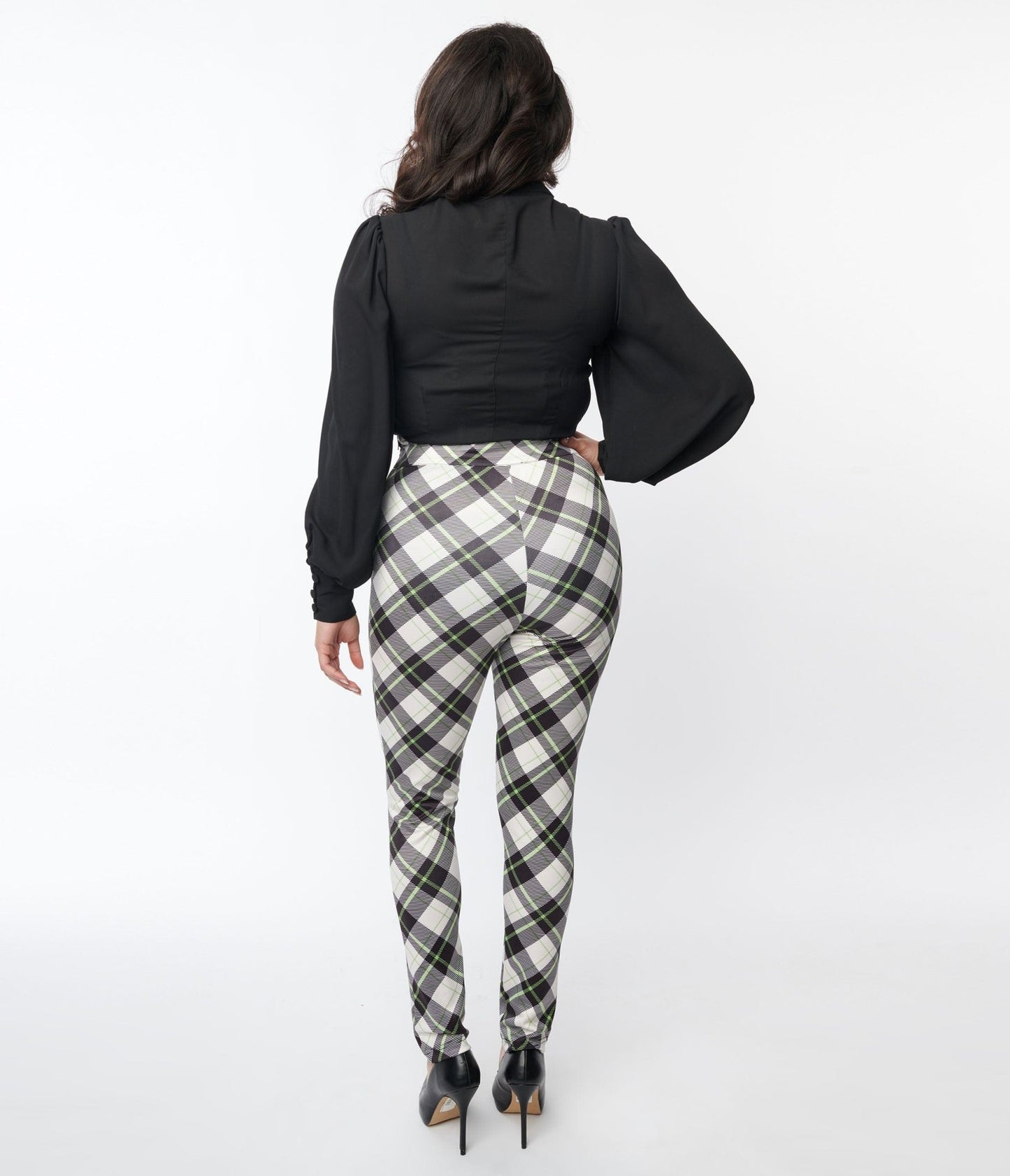 Beetlejuice x Unique Vintage Black & Green Plaid Beetlejuice Cigarette Pants - Unique Vintage - Womens, BOTTOMS, PANTS