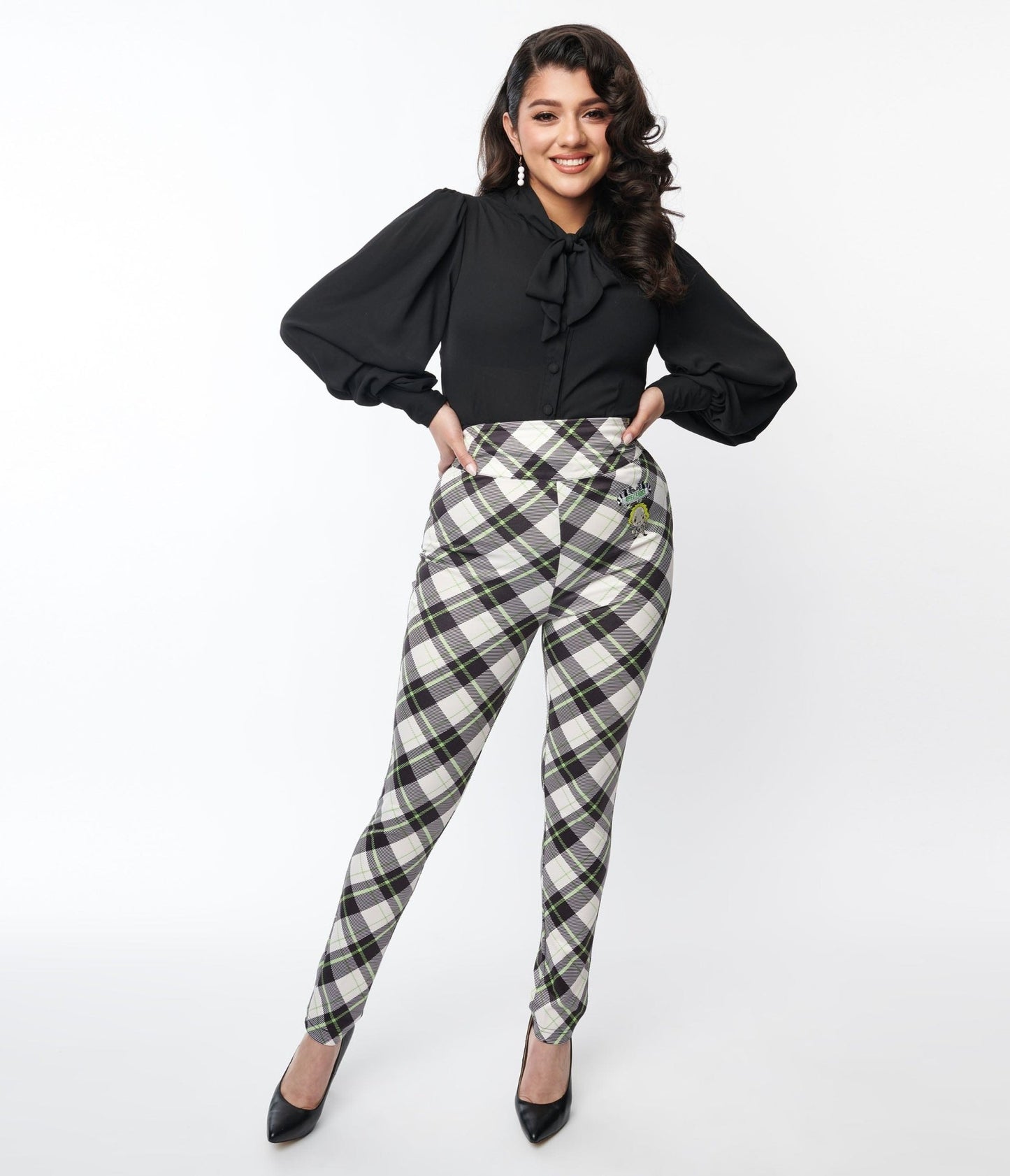 Beetlejuice x Unique Vintage Black & Green Plaid Beetlejuice Cigarette Pants - Unique Vintage - Womens, BOTTOMS, PANTS