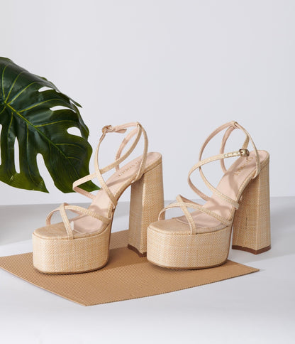 Beige Rattan Platform Sandals - Unique Vintage - Womens, SHOES, HEELS