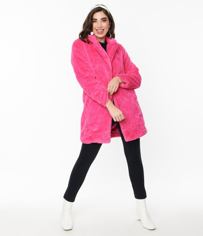 Berry Pink Fur Long Coat - Unique Vintage - Womens, TOPS, OUTERWEAR
