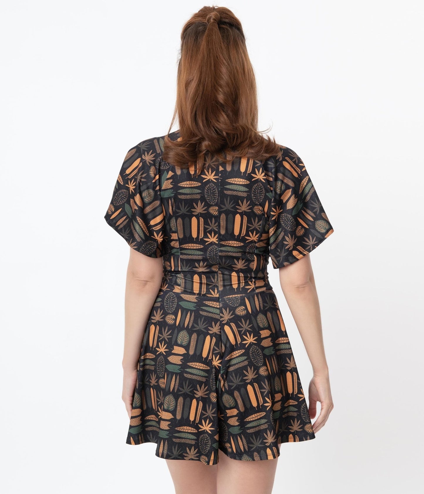 Black & Bali Hai Tropical Print Cutout Romper - Unique Vintage - Womens, BOTTOMS, ROMPERS AND JUMPSUITS