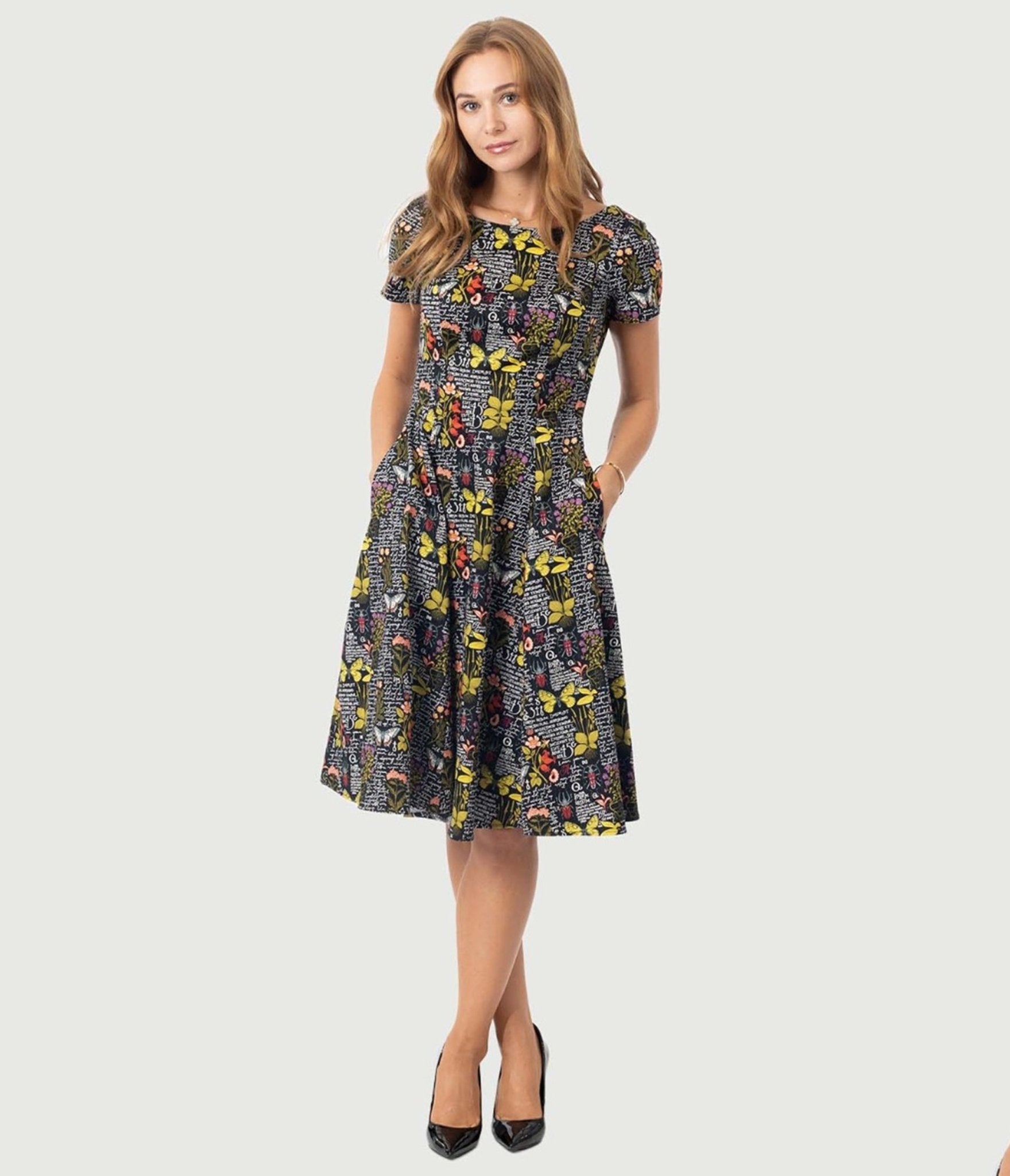 Black & Botanical Butterfly Print Swing Dress - Unique Vintage - Womens, DRESSES, FIT AND FLARE