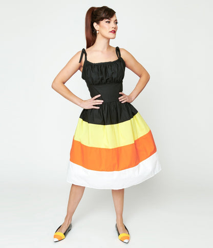 Black & Candy Corn Stripe Swing Dress - Unique Vintage - Womens, HALLOWEEN, DRESSES