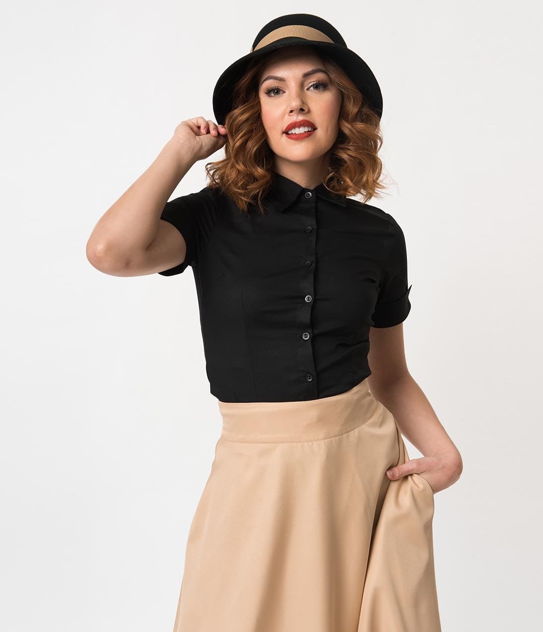 Black Collared Short Sleeve Button Up Blouse - Unique Vintage - Womens, TOPS, WOVEN TOPS