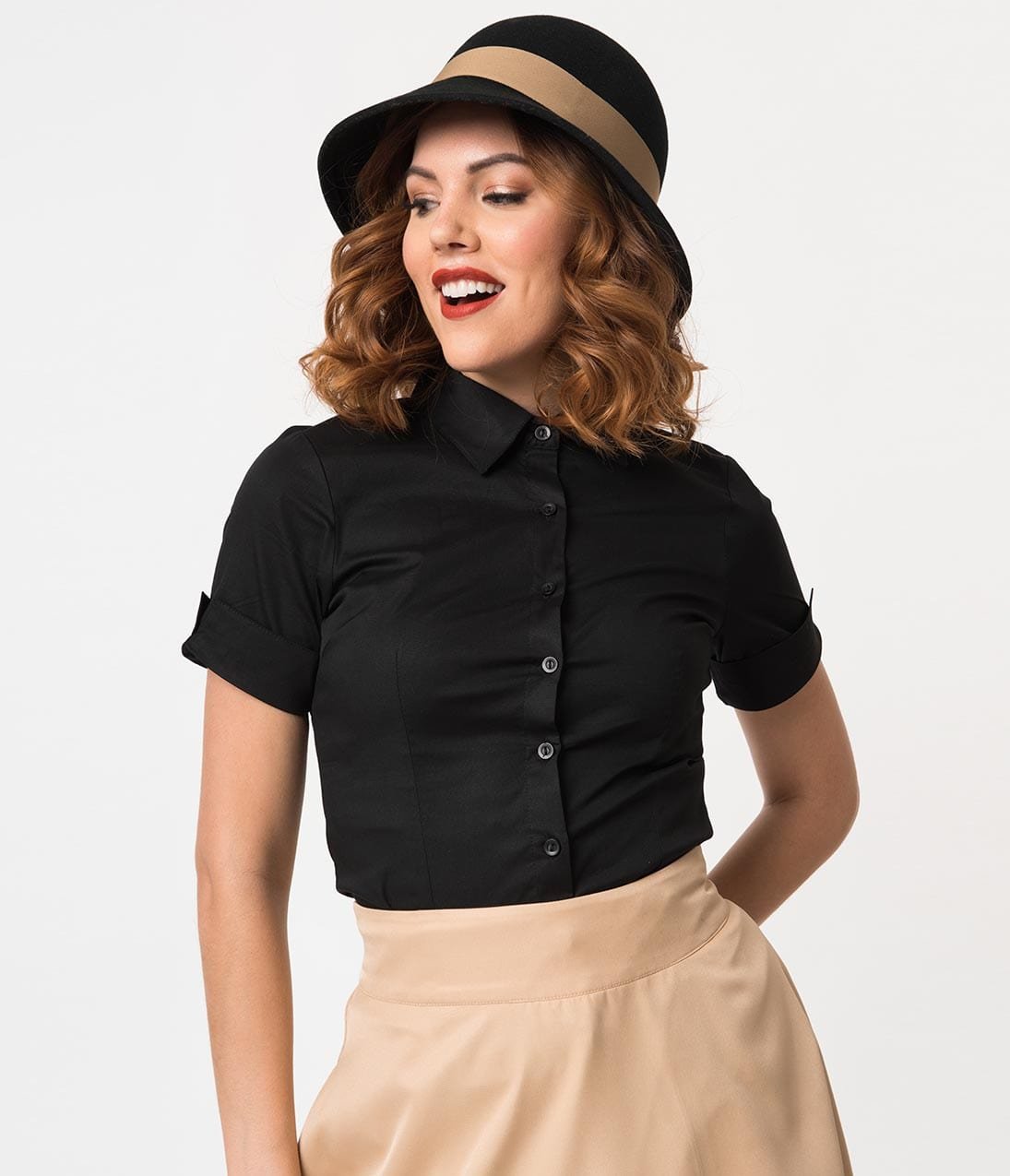 Black Collared Short Sleeve Button Up Blouse - Unique Vintage - Womens, TOPS, WOVEN TOPS