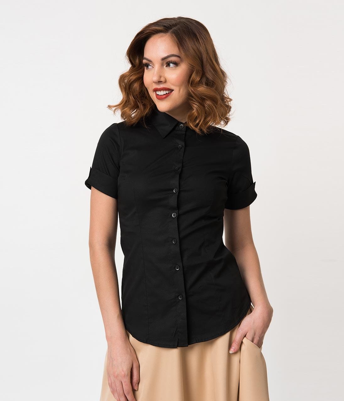 Black Collared Short Sleeve Button Up Blouse - Unique Vintage - Womens, TOPS, WOVEN TOPS