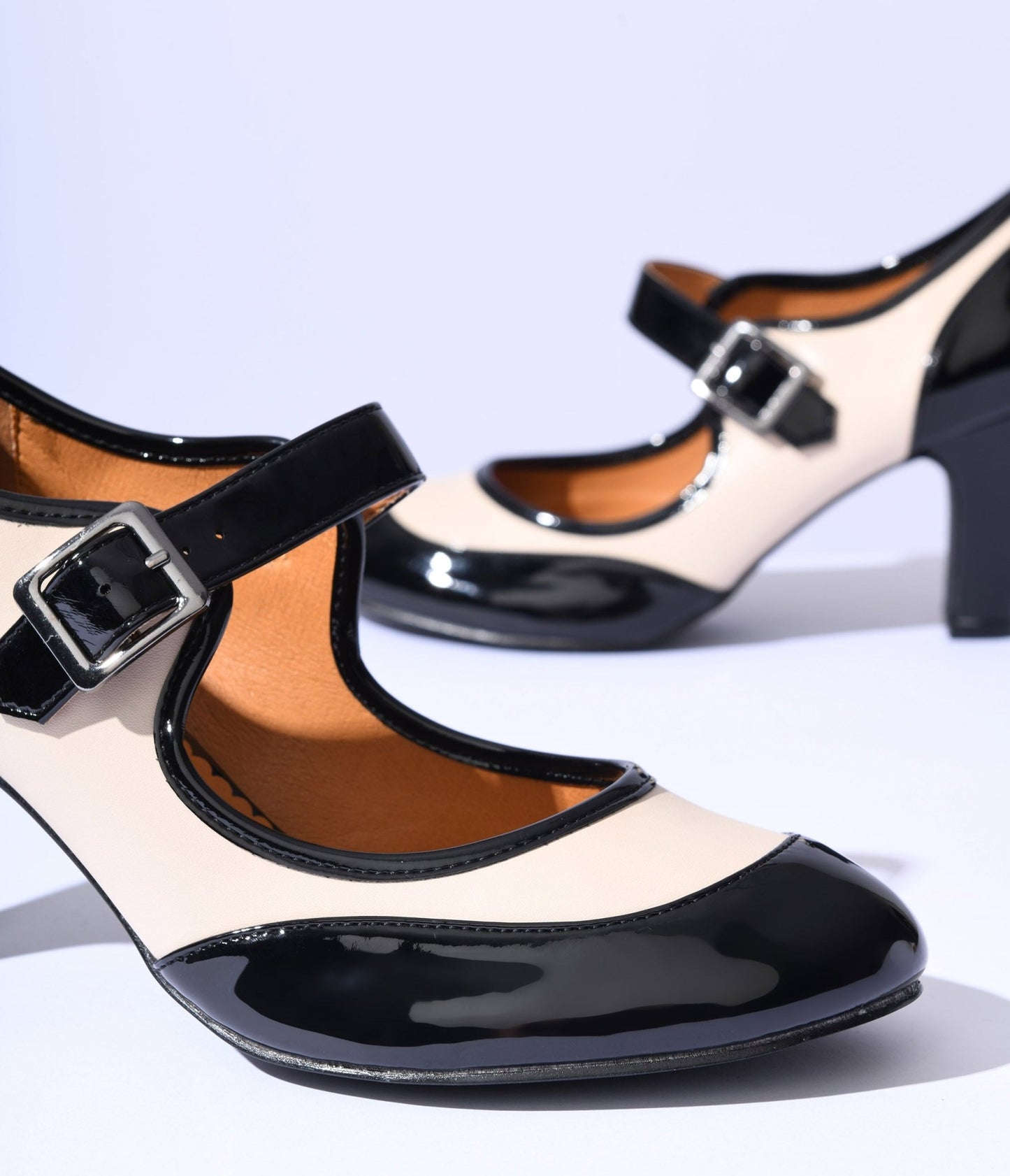 Black & Cream Patent Leatherette Mary Jane Heels - Unique Vintage - Womens, SHOES, HEELS