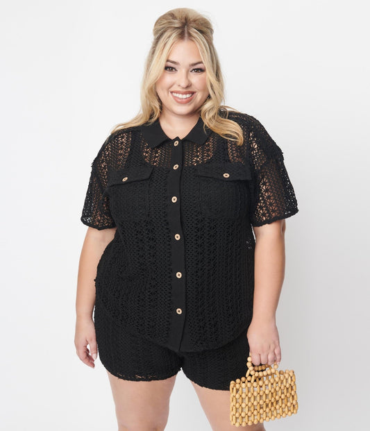 Black Crochet Collared Top & Shorts Set - Unique Vintage - Womens, BOTTOMS, ROMPERS AND JUMPSUITS