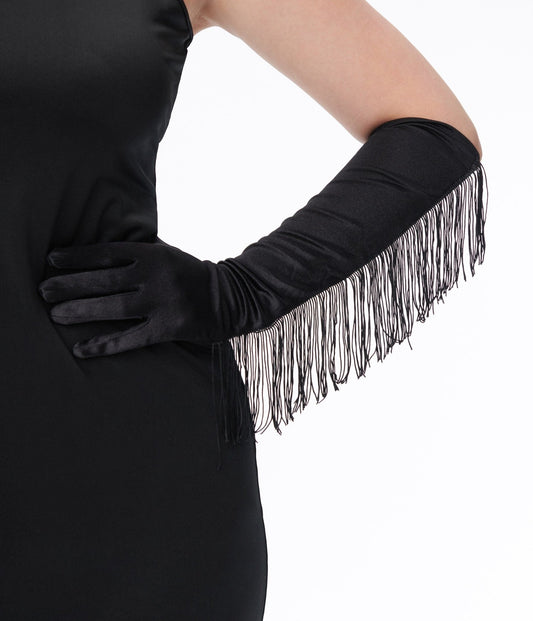 Black Fringe Long Satin Gloves - Unique Vintage - Womens, ACCESSORIES, HOSIERY