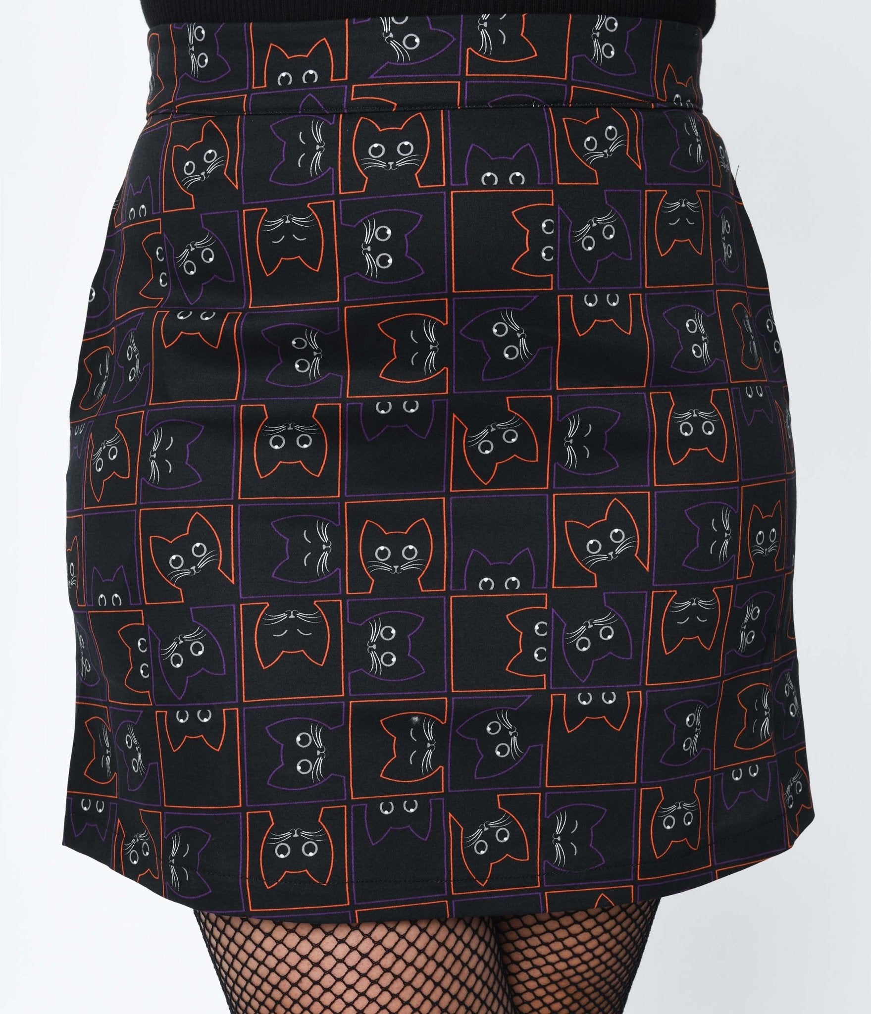 Black Kitty Cat Checkered Skirt - Unique Vintage - Womens, HALLOWEEN, BOTTOMS