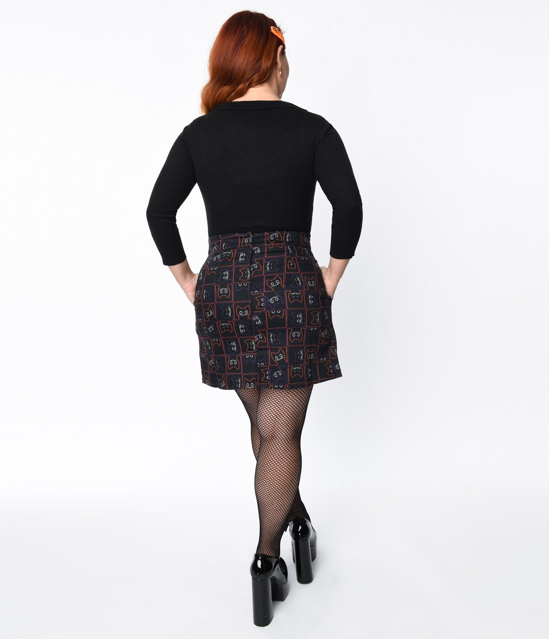 Black Kitty Cat Checkered Skirt - Unique Vintage - Womens, HALLOWEEN, BOTTOMS