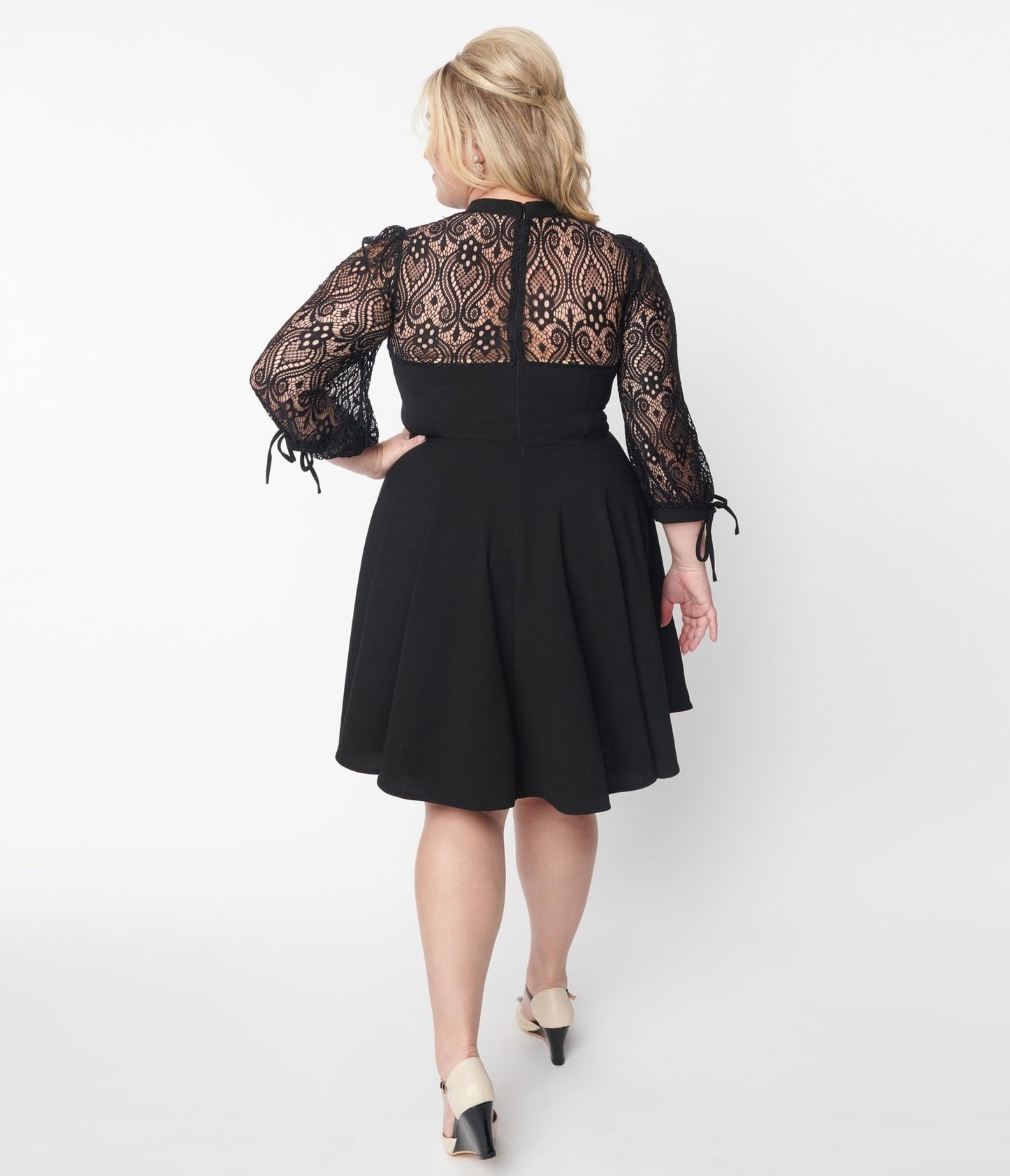 Black Lace Sleeved Knit Swing Dress - Unique Vintage - Womens, DRESSES, SWING