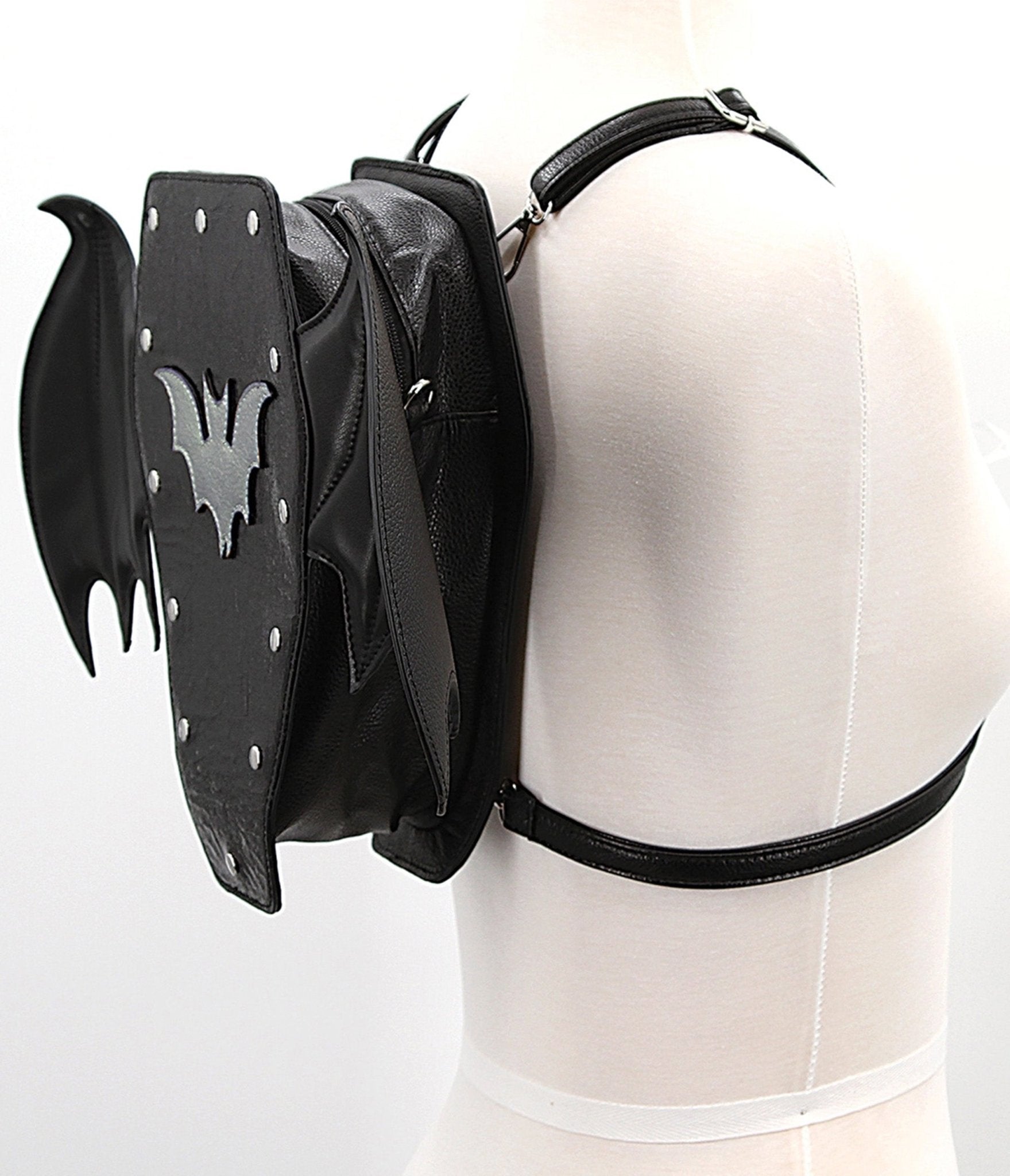 Black Leatherette Batwing Coffin Backpack - Unique Vintage - Womens, HALLOWEEN, ACCESSORIES
