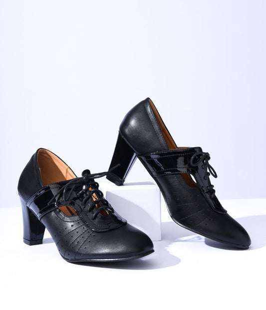 Black Leatherette Oxford Heels - Unique Vintage - Womens, SHOES, HEELS