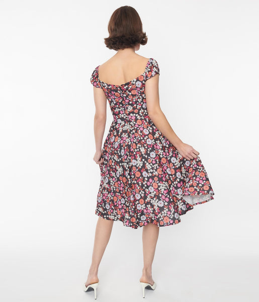 Retro Vintage Black Multicolor Floral Sophia Swing Dress