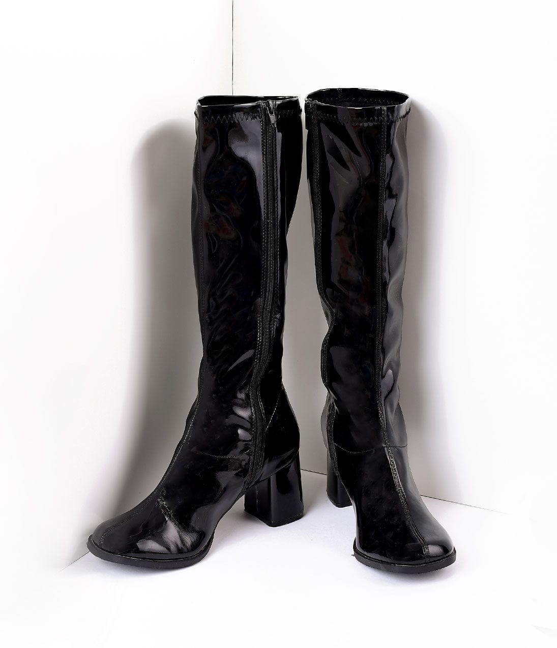 Black Patent Knee High Go Go Boots - Unique Vintage - Womens, SHOES, BOOTS