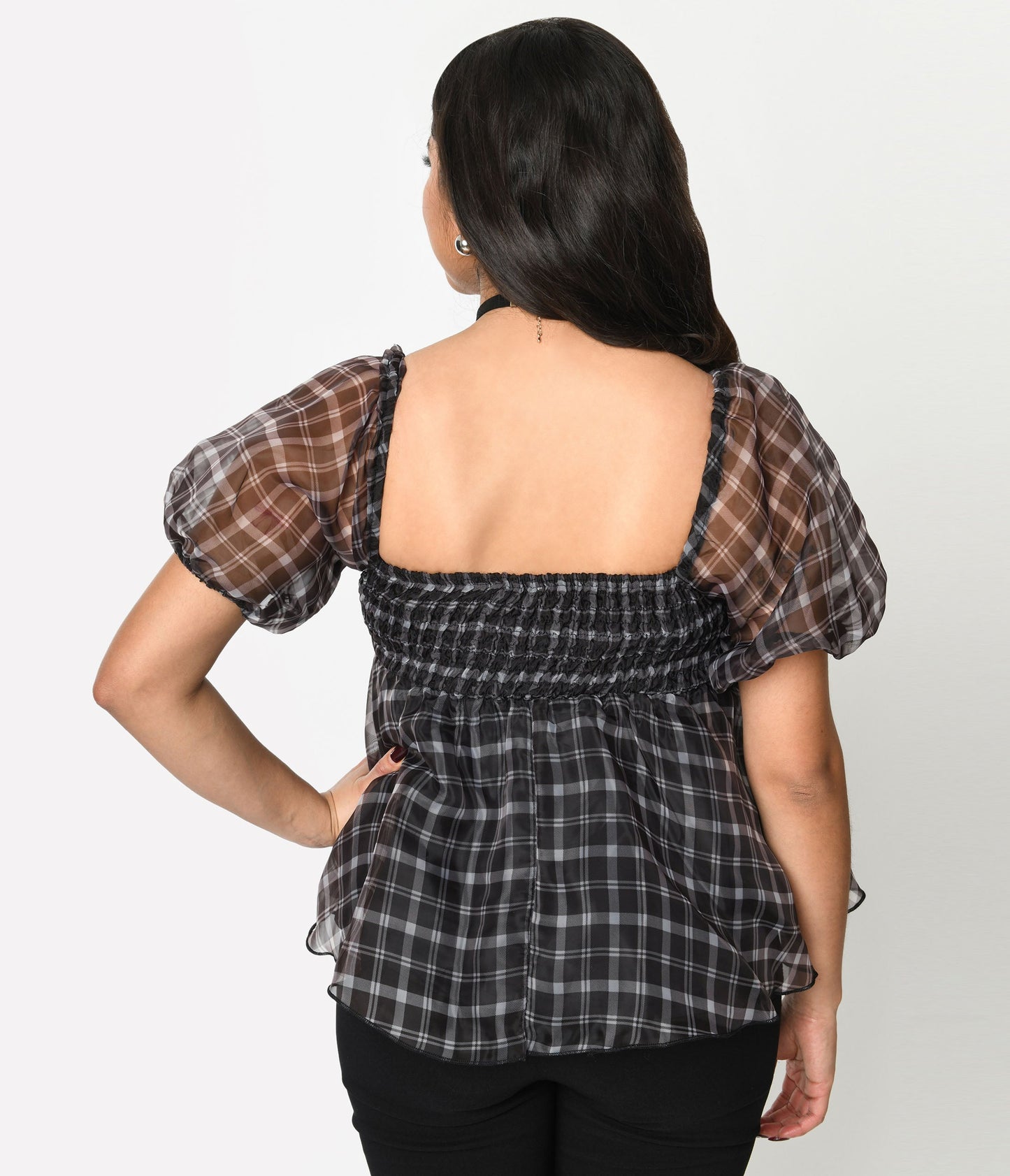 Black Plaid Babydoll Blouse - Unique Vintage - Womens, TOPS, WOVEN TOPS