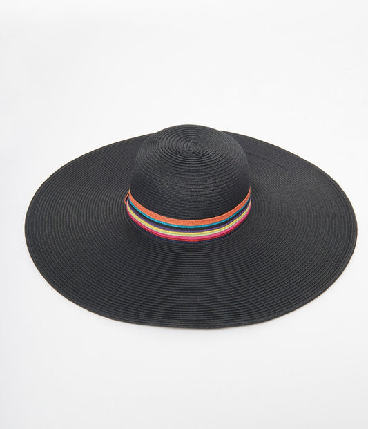 Black & Rainbow Ribbon Sun Hat - Unique Vintage - Womens, ACCESSORIES, HATS