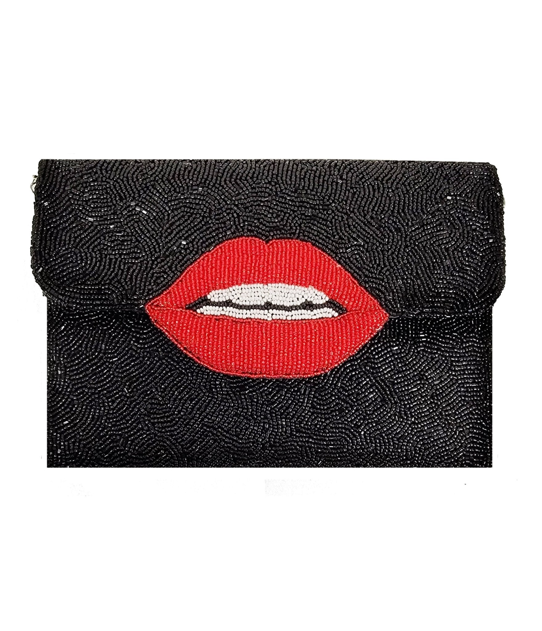 Black & Red Lips Beaded Clutch - Unique Vintage - Womens, ACCESSORIES, HANDBAGS
